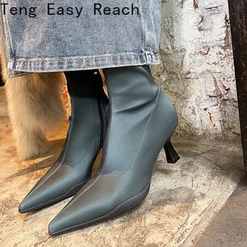 2023, Пикантни женски есенно-зимни ботильоны на висок ток с остър пръсти, модни дамски обувки от еластична кожа от вътрешната страна, дишащи Дамски обувки