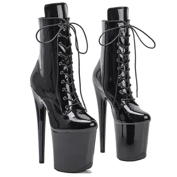 LAIJIANJINXIA/Новост; Дамски обувки на платформа и висок ток 20 см/8 инча; Блестящи Черни обувки; Обувки за танци на един стълб; Pantent Materials
