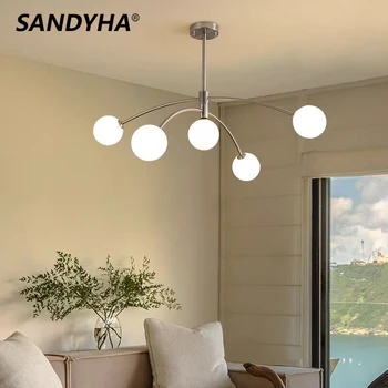 SANDYHA Модерни минималистичные полилеи от млечно-бял стъклен глобус, Луксозна led лампа за трапезария, спални, кабинет, висящи лампи