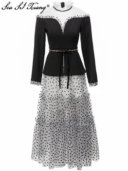 Seasixiang; Модерен дизайн дълга рокля началото на есента; Женствена рокля с висока яка и дълъг ръкав от мрежата в стил мозайка дантела; Офис дамски рокли