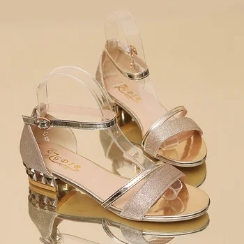 Дамски сандали на ток 2023 г.; Ежедневни обувки; Дамски Летни златисти обувки с отворени пръсти; Дамски обувки с квадратни каишка на щиколотке; Дамски обувки на нисък ток;