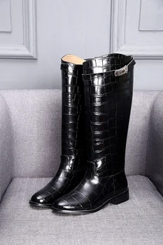 Луксозни дизайнерски дамски престрелки ботуши от естествена кожа, модната марка, черни дамски дълги ботуши, Пролет-есен-зима, Нова дамски обувки