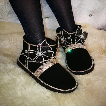 Моден зимни обувки с обемен цветен модел, украсена с кристали, топло тенденция памучен обувки