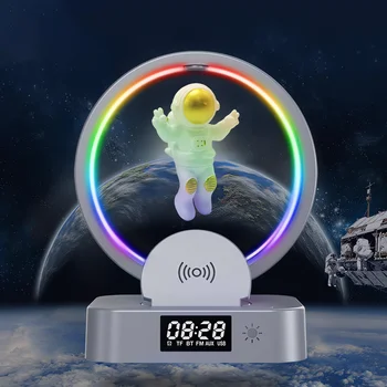 Сладък cartoony астронавт, Bluetooth-високоговорител с будилник, безжично зарядно устройство, нощна светлина RGB, силен стереозвук, безжични високоговорители