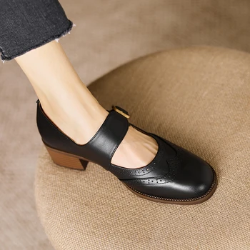 Хэйхайские тънки обувки 2023 Летни Нови хонг конг малки кожени обувки в стил ретро с кръгло бомбе и фин уста, дамски обувки Mary Jane