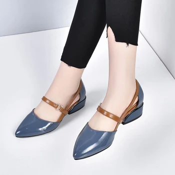 дамски обувки 2023 г., Кожени Сандали от мека кожа, дамски Модерна чанта С Остри Пръсти, Работни обувки Дантела на гъст и нисък Ток