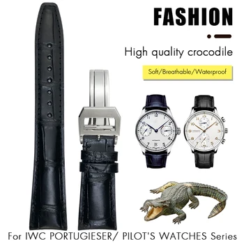 20 мм и 21 мм, 22 мм и Синьо с Каишка от крокодилска кожа за Часовници IWC Porotfino Portugieser Big PILOT'S Watches Каишка от Естествена Кожа алигатор