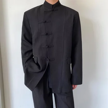 2023 Есента Индивидуален дизайнерски костюм с висока яка и тока, мъжки ежедневни свободни черни Блейзери с катарама за мъжете M-XL