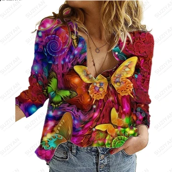 2023, Нов моден хит на продажбите, женски жилетка копчета с дълги ръкави и елегантна пеперуда с 3D-принтом, свободна ежедневни шифоновая риза