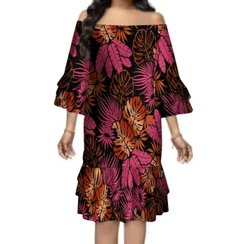 2023 Ново Женствена рокля в полинезийски племенно стил по поръчка, ламинирано рокля с волани и къс ръкав, Пола от висококачествена тъкан