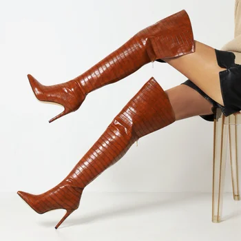 2023 есенно-зимни дамски дълги ботуши размер плюс 22-26,5 см, модни ботуши над коляното от изкуствена кожа с каменен модел, с цип отзад, модерни дамски обувки