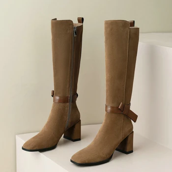 2024 г., реколта дамски ботуши до коляното на дебел висок ток, Модерен есенно-зимни високи обувки в западен стил, Офис дамски обувки, Дамски обувки