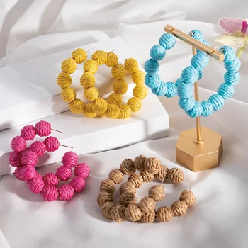 ALLYES Цветни обеци-халки, ръчно изработени от слама и ратан, Геометричен Кръг кръг, обеци от лико, Летни декорации