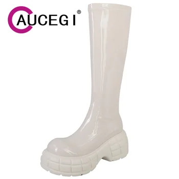 Aucegi /Новост 2023 г., дамски ботуши до коляното на светкавица с кръгла пръсти, Лачена кожа, Есен-зима, на платформа, Дебели токчета, Ежедневни универсална обувки