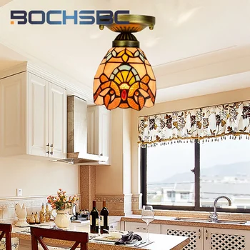 BOCHSBC Тифани 6-инчов стъклен тавана лампа в стил деко спалня коридори, коридор, тераси Жълто осветление в бароков стил, горно осветление
