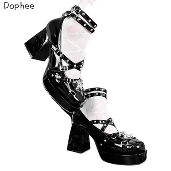 Dophee оригиналната Лолита обувки на токчета за жени Y2K Подправката Герлз пънк метални нитове готически квадратен чорап каишка на глезена платформа помпи