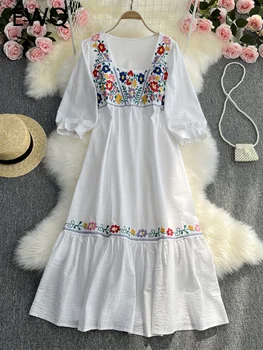 EWQ Sweet Style Y2K Vestidos 2023 Лятото ново женствена рокля от памук и лен, дантела с бродерия, рокли с висока талия 27SN1635