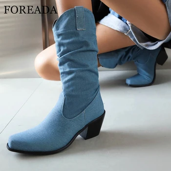 FOREADA/ Дамски обувки до средата на прасците, Плисе ботуши в западен стил на високо масивна обувки с квадратни пръсти, Есен-зима, светло синьо 46