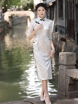 FZSLCYIYI, Класически Женствена Рокля Ципао в Китайски Стил, с Бутони за ръчно изработени Дължина до коляното, Атласное рокля-Чонсам с Принтом Femme