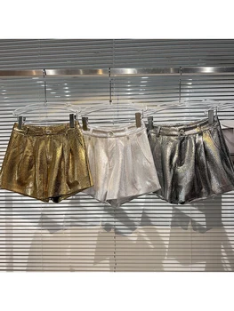 HIGH STREET, най-новите дизайнерски модни дамски къси панталони с метален гланц дизайн 2023, Прави панталони