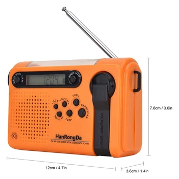 HanRongDa Външно аварийно радио, портативно радио, AM FM SW, ръчно радио на слънчева енергия, с led фенерче, аларма SOS-Оранжев