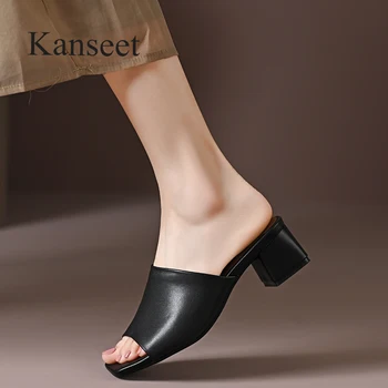Kanseet/ Лаконичен дамски чехли от естествена кожа, летни обувки с отворени пръсти, ежедневни обувки на среден ток, Дамски обувки ръчна изработка, Големи размери 46