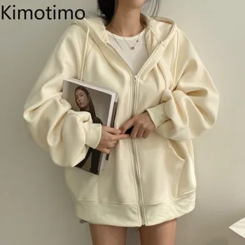 Kimotimo, шик обикновена качулки в корейски стил, дамски есен-зима, Плюс кадифена жилетка с цип, палто, една проста ежедневна универсална свободна hoody