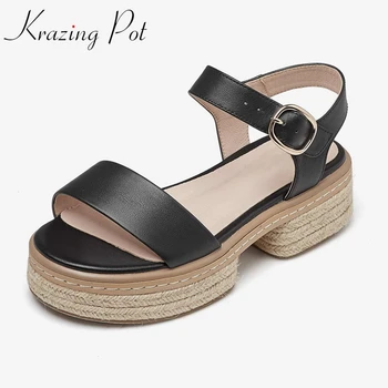 Krazing Pot/ Висококачествена Марка обувки от естествена кожа, Елегантен стил, Класически цветове, Модни дамски Сандали на платформа и соломенном ток L7f2