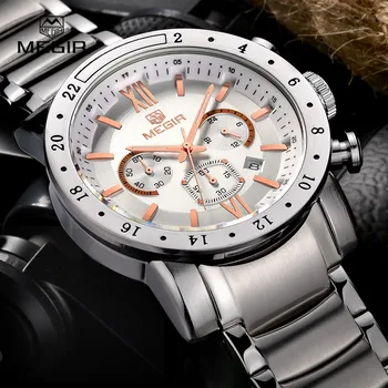 MEGIR популярни марки кварцови часовници за мъже, мъжки бизнес бели часовници, модни водоустойчив светещи часовници с три очи за мъже