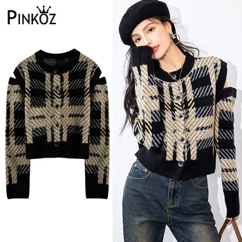 Pinkoz подиумный стилен дизайнерски карирани открит нов модерен пуловер есен зима, однобортный вязаный шик случайни пуловер za