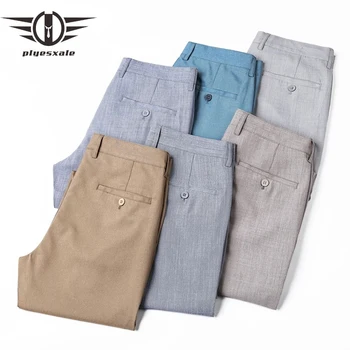 Plyesxale Пролетно-летни Мъжки Костюмные Панталони, с високо качество Стрейчевые Светло сив тънки панталони цвят Каки, Мъжки официални бизнес панталони P90