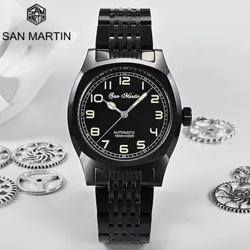 San Martin Бизнес, Спортни мъжки часовници DLC Покритие Черно Реколта Спортни Прости военни Класически Луксозни Мъжки механични часовници 10Bar