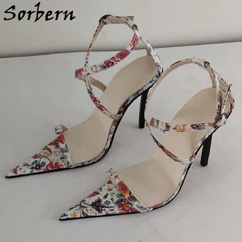 Sorbern/Дамски сандали с цветен модел в ретро стил, обувки с високи токчета-висок ток 10 cm, с препратка джапанки, с остри пръсти, за момчета-сиси многоцветни