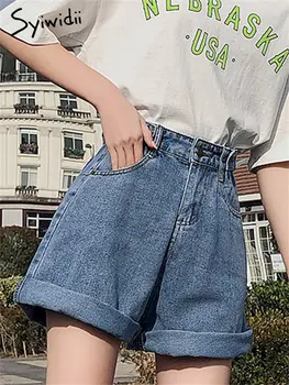 Syiwidii, дънкови шорти с висока талия, дамски летни Нови корейски модни дънкови къси панталони с широки штанинами, Реколта ежедневни директни широки шорти