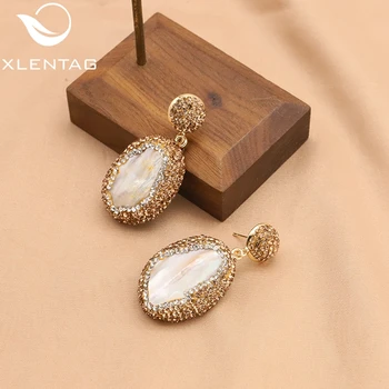 XlentAg Златно покритие от Естествен камък, Сладководни перли в стил барок, Обеци-на карамфил С кристали, Обеци-капки, Дамски Модни бижута