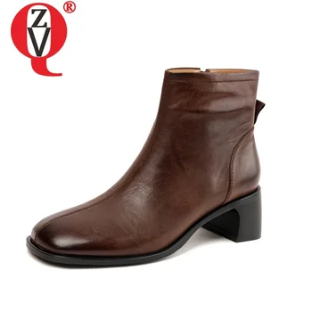 ZVQ/ ботильоны на висок ток от естествена кожа с квадратни пръсти; черно-кафява обувки на дебелите обувки; зимни нова марка обувки; дамски ботильоны