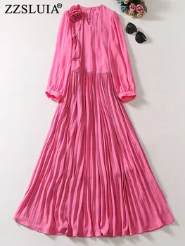 ZZSLUIA Франция, Плисирани рокли за жени с 3D флорални апликации, Дизайнерско Тънка и по-дълга рокля, модерни елегантни рокли с ръкави-фенерчета