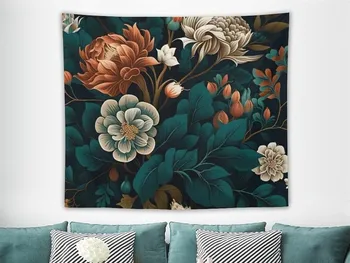 Акварел цветен гоблен - Ретро цветя с листа, божур - Ретро стенно изкуство за хол, спалня, общежития - Жена