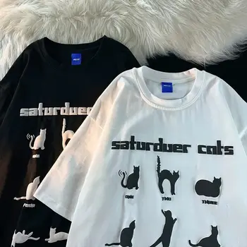 Американската тенденция персонални тениска с изображение на котка в ретро стил, лятна мъжки и дамски ежедневни двойка свободно намаляване топ с къс ръкав
