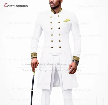 Бял Мъжки костюм Slim Fit, Луксозен Африка Бизнес Сватбен Смокинг, Изработена по поръчка, Модерен Арабски Сако с Висока яка, широки Панталони, Комплект от 2 теми