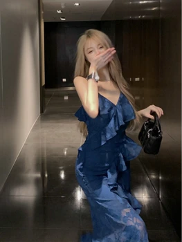 Вечер синя рокля, Женски Ежедневното Френското Винтажное рокля Midi, Плажна Дебнещ рокля без ръкави с Елегантна каишка, на Корейското лято 2023