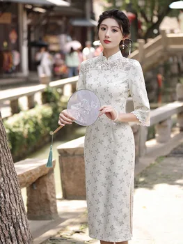 Винтажное шифоновое рокля със средна дължина, с яка-часова, Китайски Сватбен Чонсам за Булката, Женски Ежедневното рокля, Фино Бельо Qipao Femme