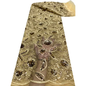 Висококачествена лейси плат със златни бродерии в нигерия стил с пайети 5 ярда от африканския френски тюл Чиста лейси плат за вечерна рокля P360