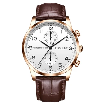 Висококачествени Кварцов мъжки часовник с корпус от розово злато и кафява кожа на луксозни Sport Day Waterproof Луксозни 6615