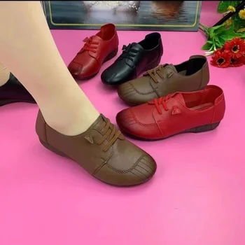 Дамски Ежедневни обувки; Колекция 2023 Г.; Пролетно Новост; Реколта дамски Обувки-Oxfords на равна подметка с Шнур и мека Неплъзгащи Подметки; Женски тънки Обувки От мека кожа