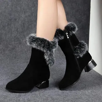 Дамски Зимни обувки от телешка кожа с Козина, Непромокаеми Зимни обувки на платформа до средата на прасците, Плюшени Топли Мини Дамски Къси Ботуши Mujer