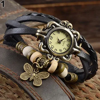 Дамски Реколта кварцов часовник от естествена кожа, Многопластови гривна ръчно изработени на Ръчен часовник Регулируема Дължина няколко Часа Гривна