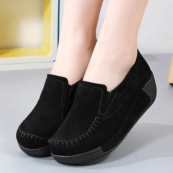 Дамски ежедневни обувки на танкетке за майки с дебела подметка, дамски модел обувки Plattorm от естествена кожа, които растежа, Обувки на плоска подметка