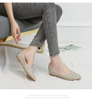Дамски ежедневни обувки с остър пръсти и малки издатини, с кристали в наклонено ток, удобни обувки-боб, обувки на плоска подметка