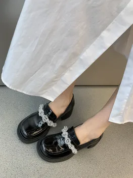 Дамски обувки Mary Janes с мъниста, Дизайнерски обувки на не Сужающемся надолу масивна Ток, Луксозни дамски обувки с кръгло Бомбе, Обикновена Zapatos Silp-On Tacones Mujer